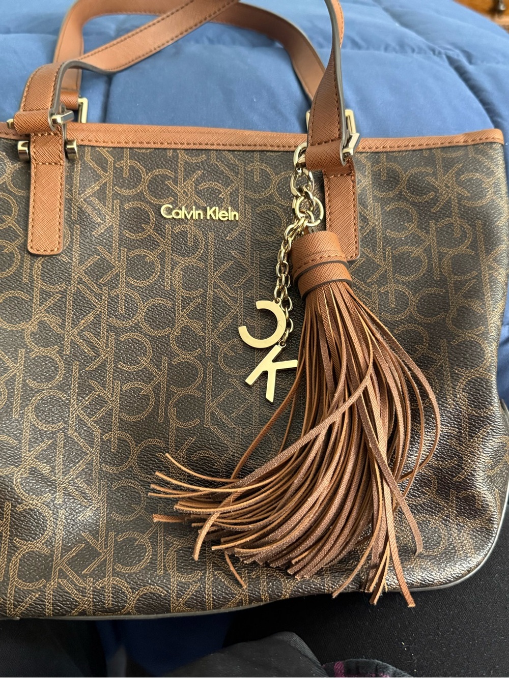 Calvin Klein Brown Monogram Shoulder Bag with Tassel Charm